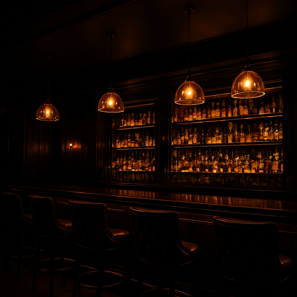 An upscale cocktail bar interior with a glowing, bottle-lined backbar