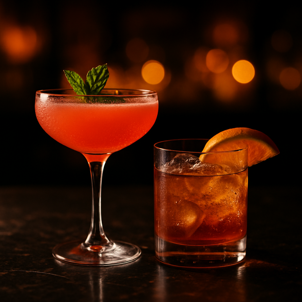 Two signature cocktails on a dark bar top under warm coral light